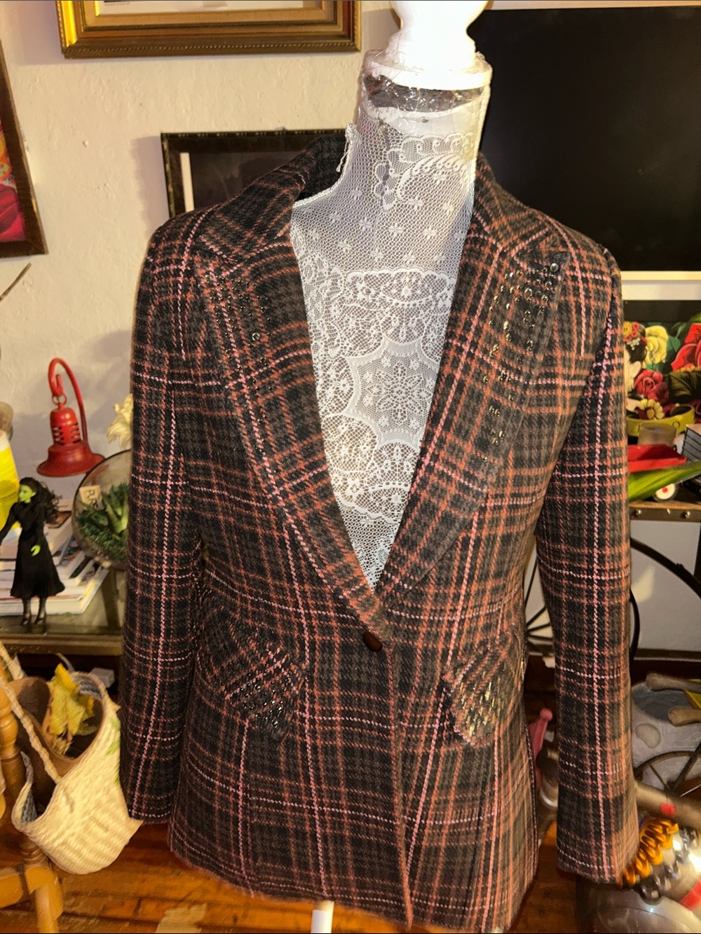 Sam Edelman Black & Pink Plaid Single-Button Blazer